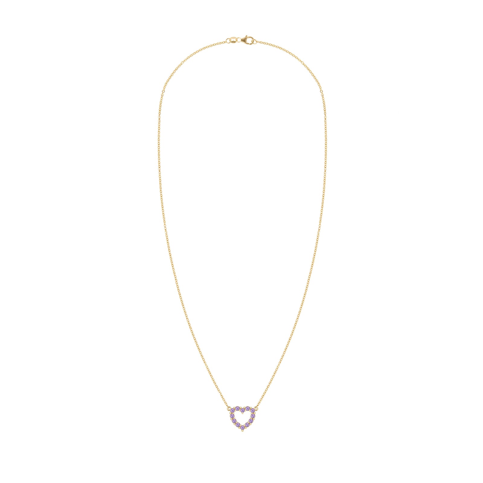 Rosecliff Heart Necklace featuring twelve faceted round cut amethysts prong set in 14k yellow Gold