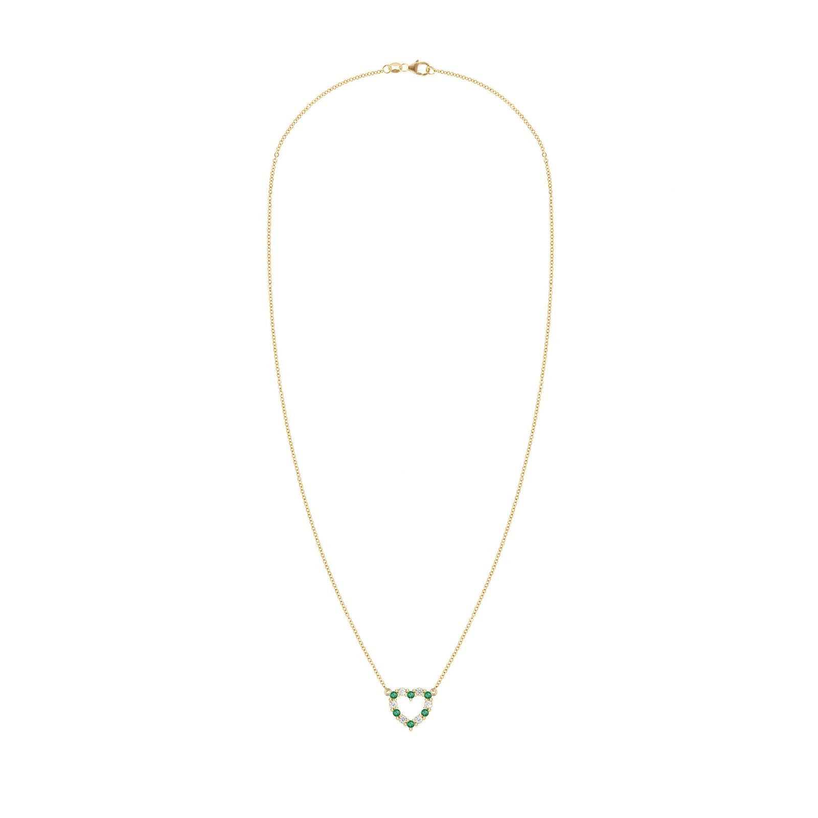 Rosecliff Heart Necklace featuring twelve alternating emeralds and diamonds prong set in 14k yellow Gold