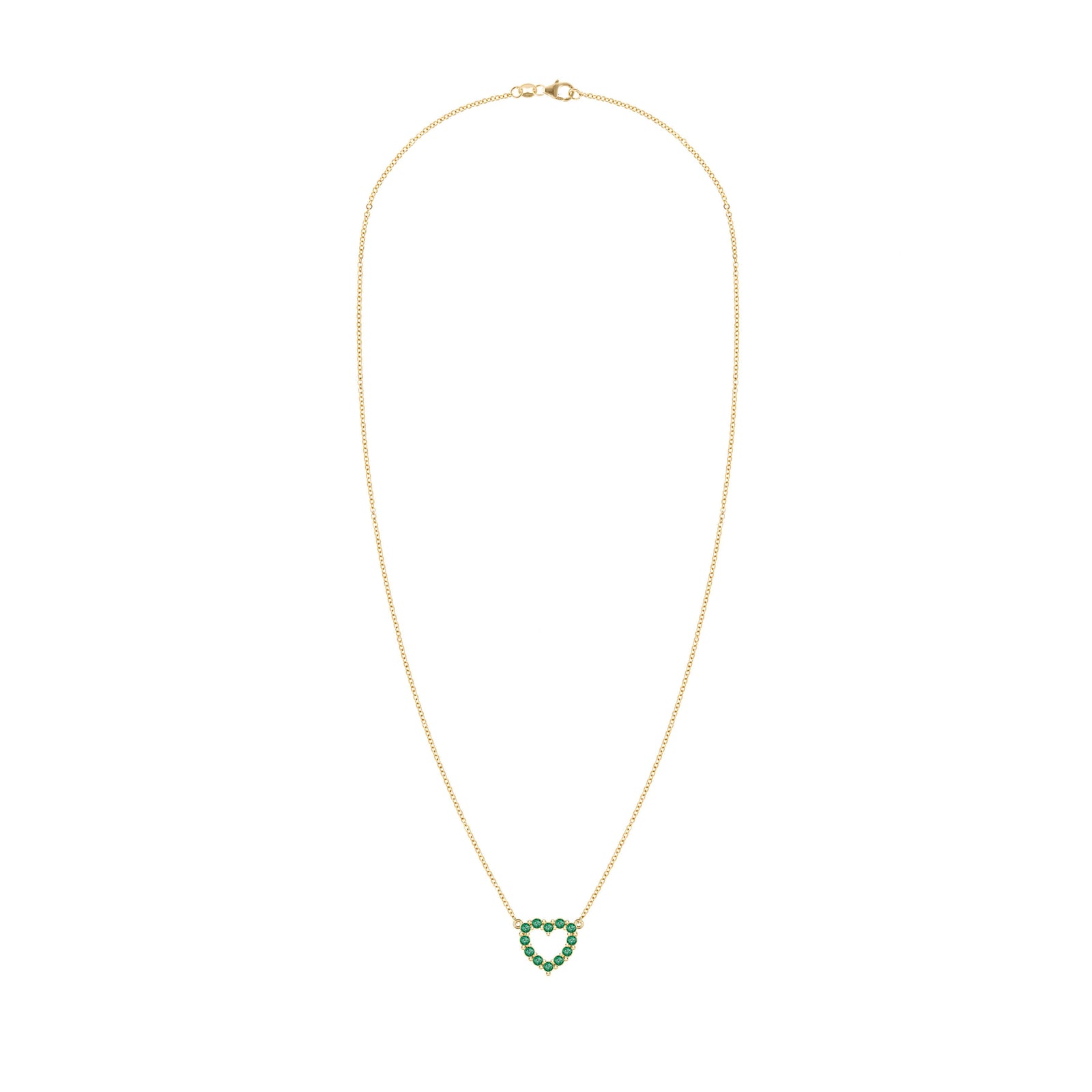 Rosecliff Heart Necklace featuring twelve faceted round cut emeralds prong set in 14k yellow Gold