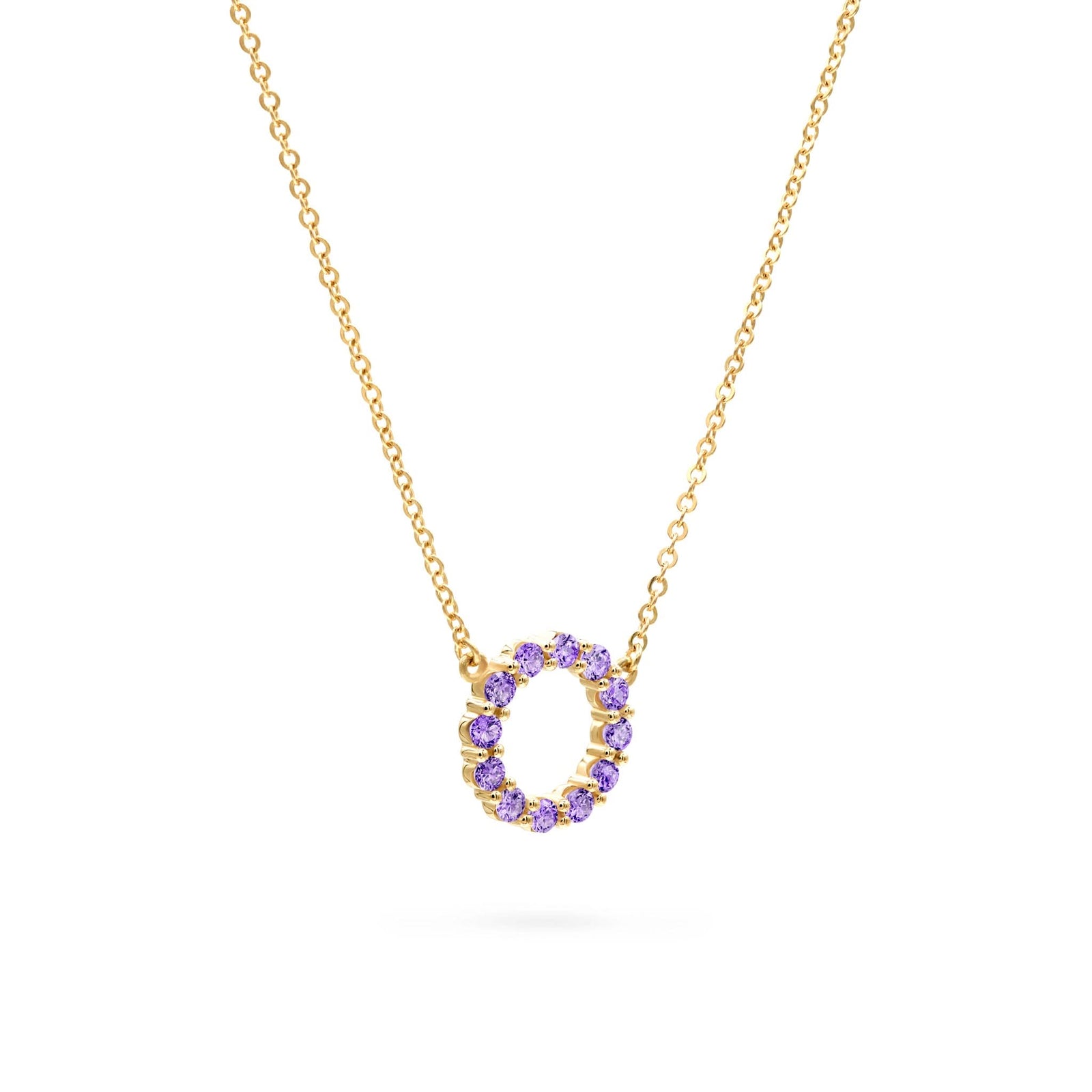 Rosecliff small circle necklace featuring twelve 2mm faceted round cut amethysts prong set in 14k yellow gold - angled view
