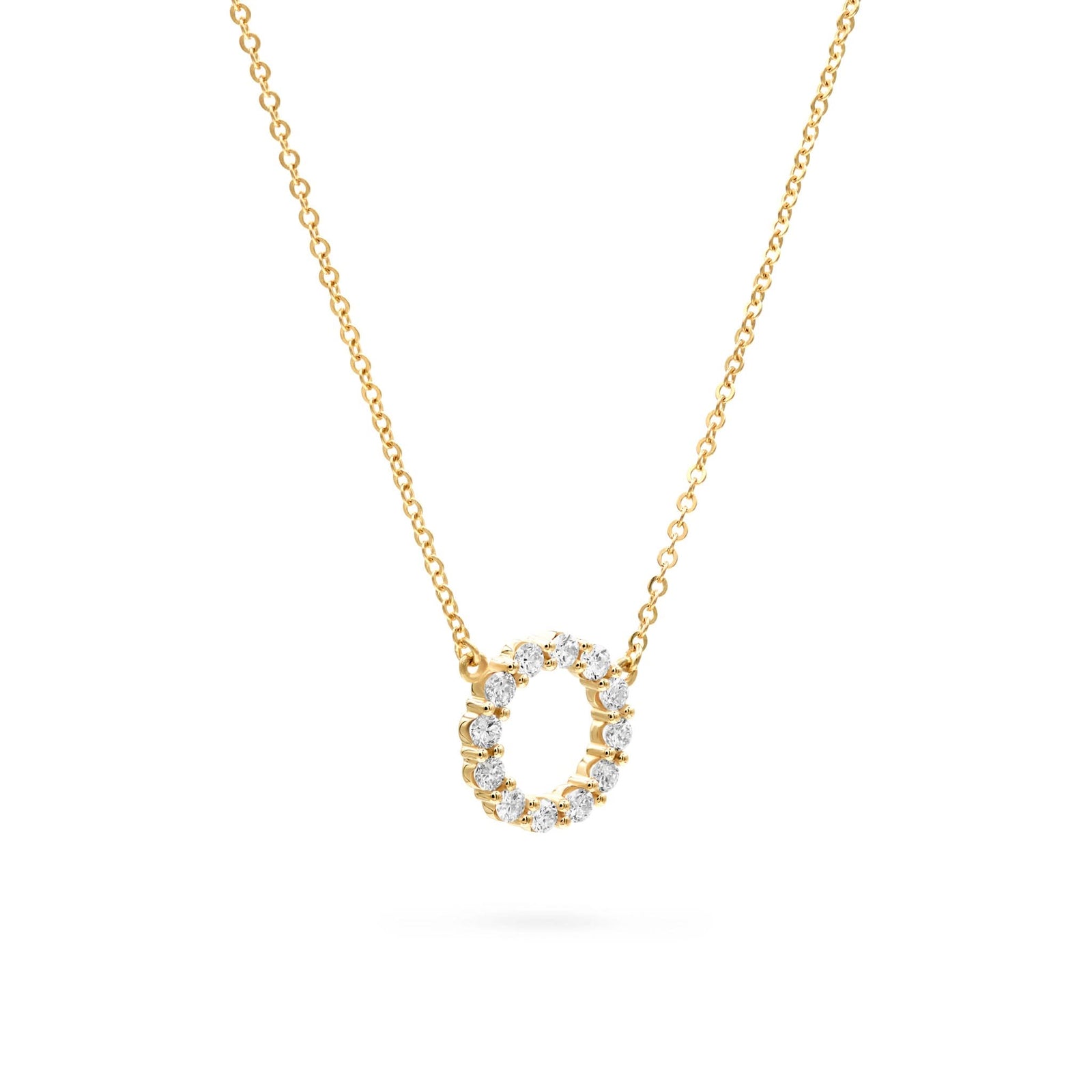Rosecliff small open circle necklace featuring twelve 2 mm faceted round cut white topaz prong set in 14k gold - angled view