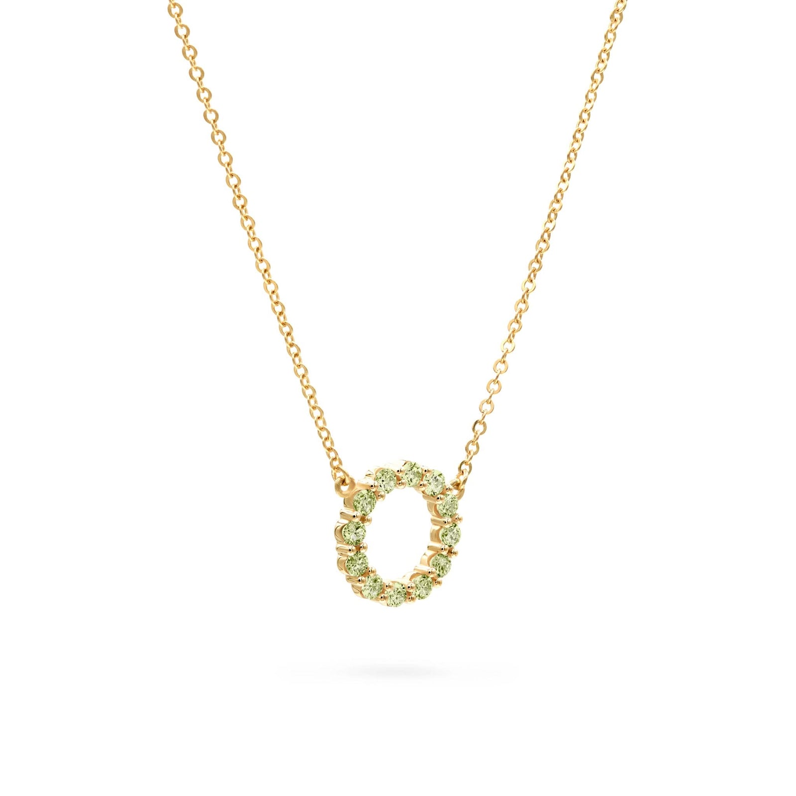 Rosecliff small open circle necklace featuring twelve 2mm round cut Peridots prong set in 14k yellow gold - angled view