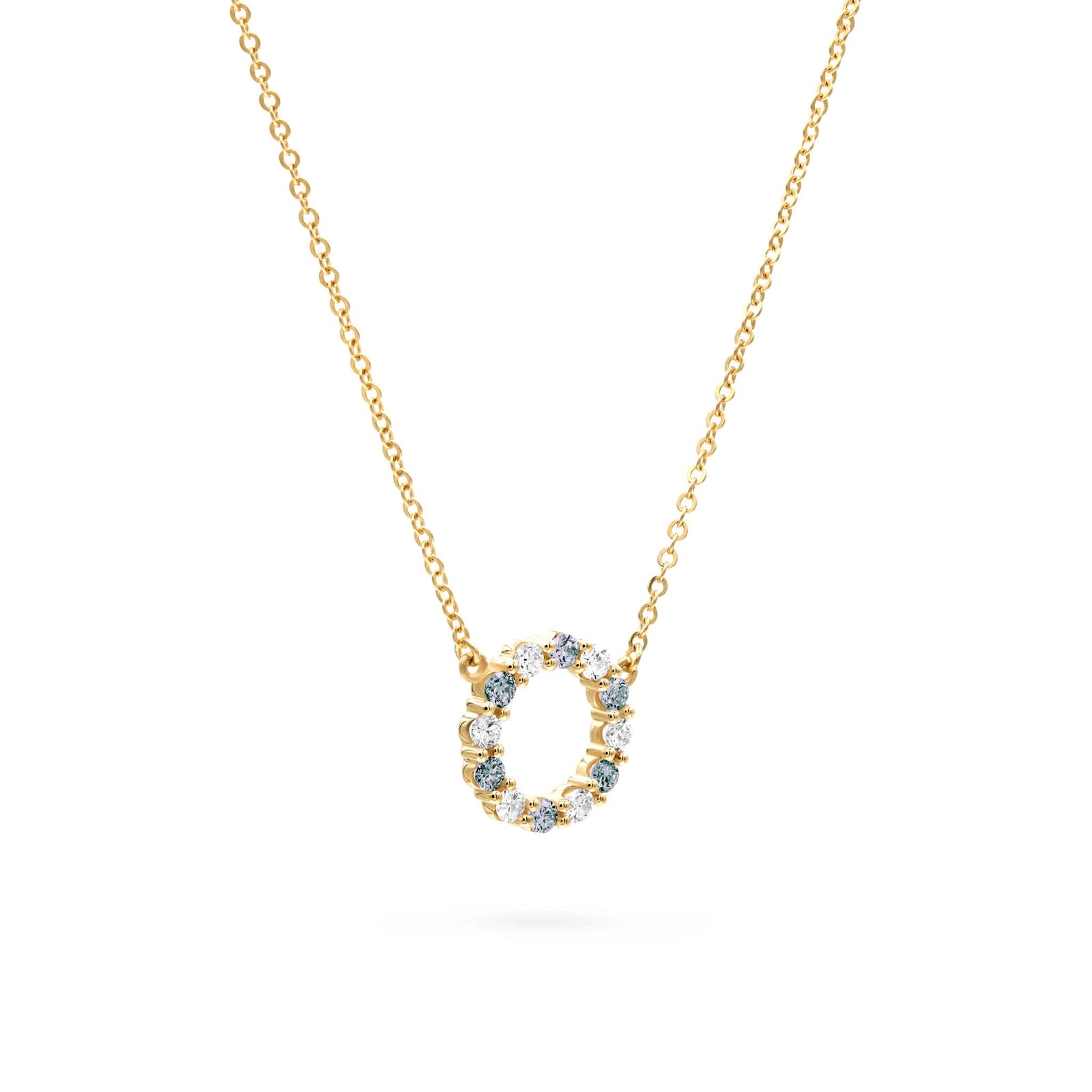 Rosecliff small open circle necklace with twelve alternating 2 mm alexandrites & diamonds prong set in 14k gold - angled view