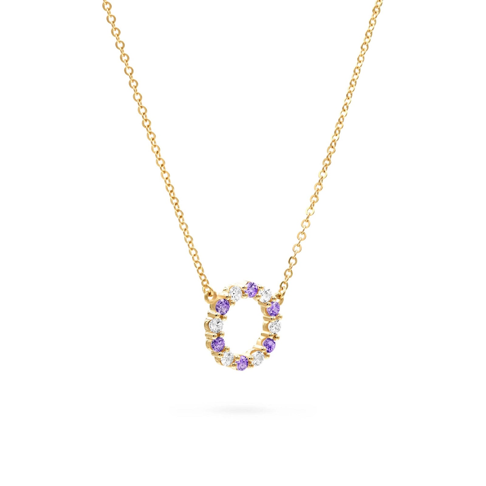 Rosecliff small open circle necklace with twelve alternating 2 mm amethysts & diamonds prong set in 14k gold - angled view