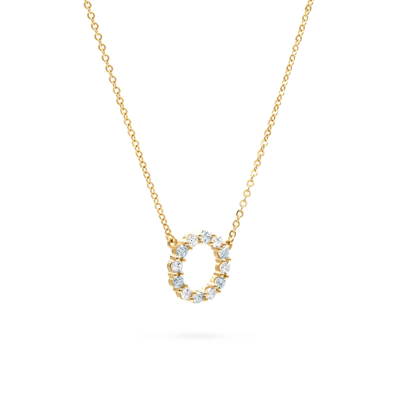 Rosecliff small open circle necklace with twelve alternating 2 mm aquamarines & diamonds prong set in 14k gold - angled view