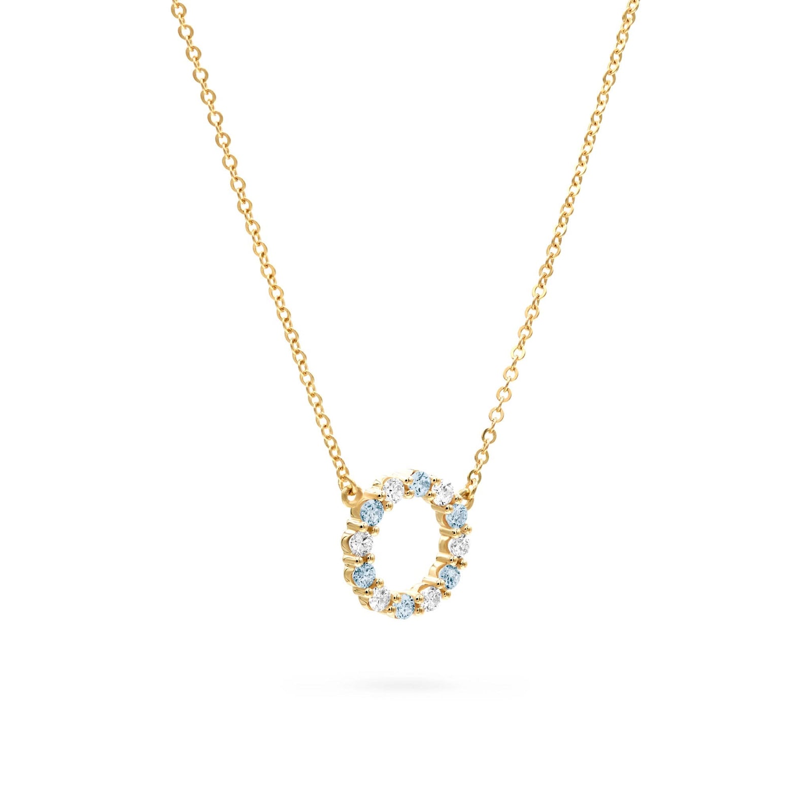 Rosecliff small open circle necklace with 12 alternating Nantucket blue topaz & diamonds prong set in 14k gold - angled view