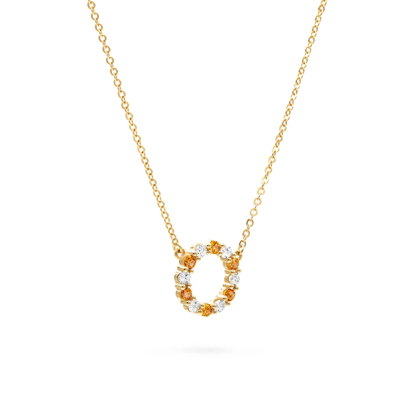 Rosecliff small open circle necklace with twelve alternating 2 mm citrines & diamonds prong set in 14k gold - angled view