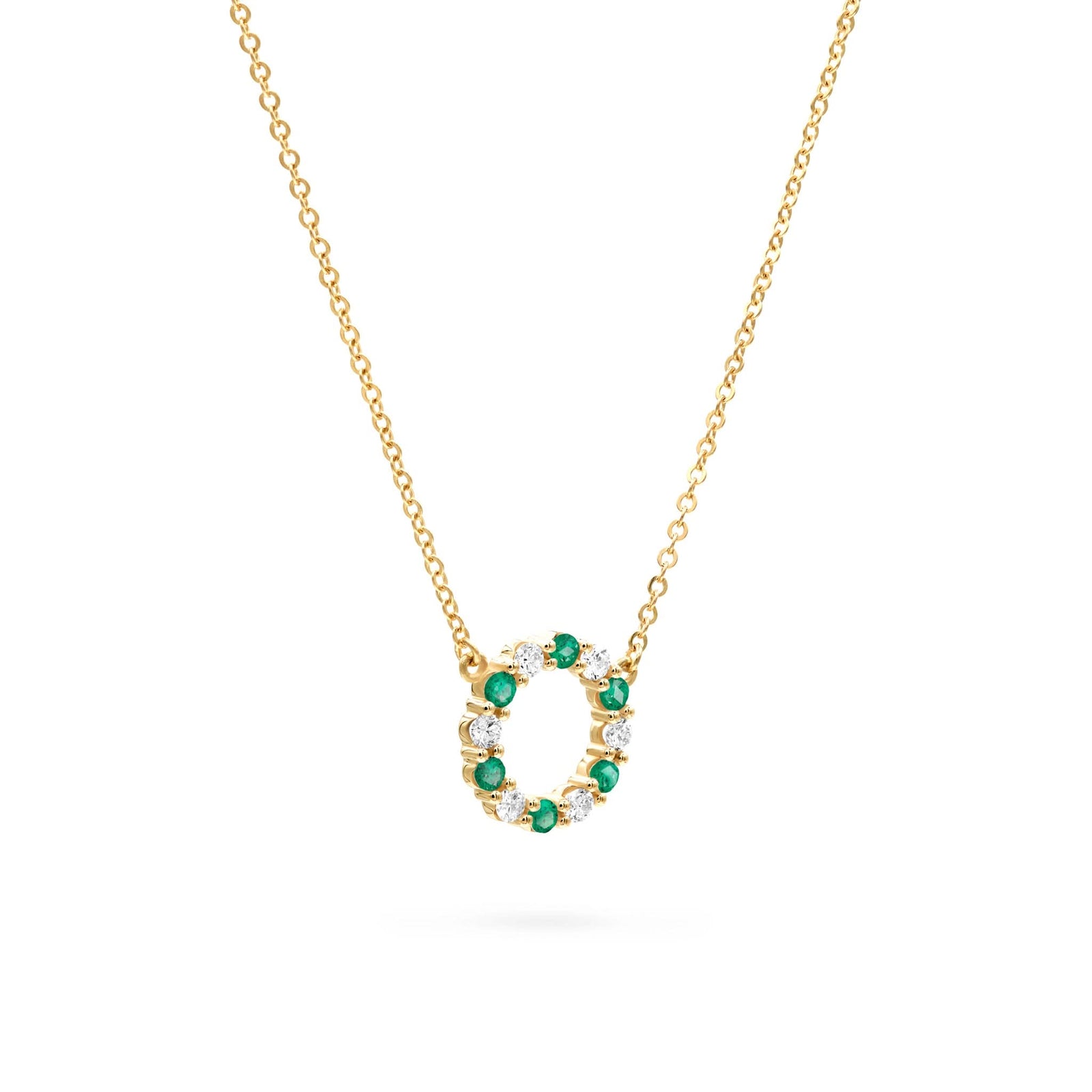 Rosecliff small open circle necklace with twelve alternating 2 mm emeralds & diamonds prong set in 14k gold - angled view