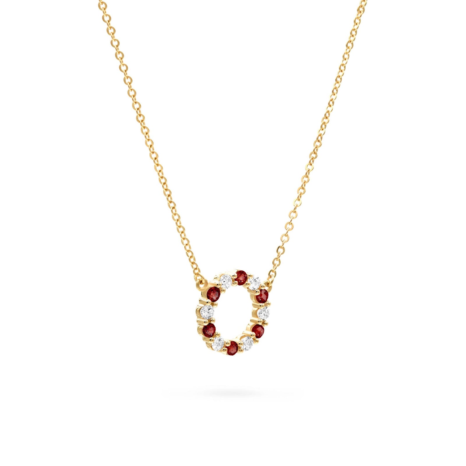Rosecliff small open circle necklace with 12 alternating 2 mm garnets & diamonds prong set in 14k gold - angled view