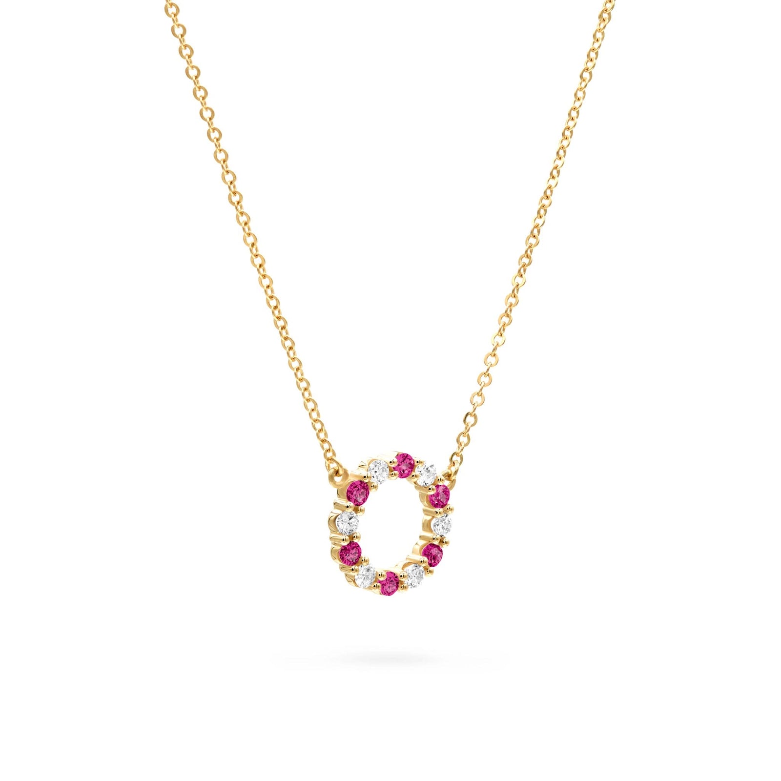 Rosecliff small open circle necklace with 12 alternating 2 mm round cut rubies & diamonds prong set in 14k gold - angled view