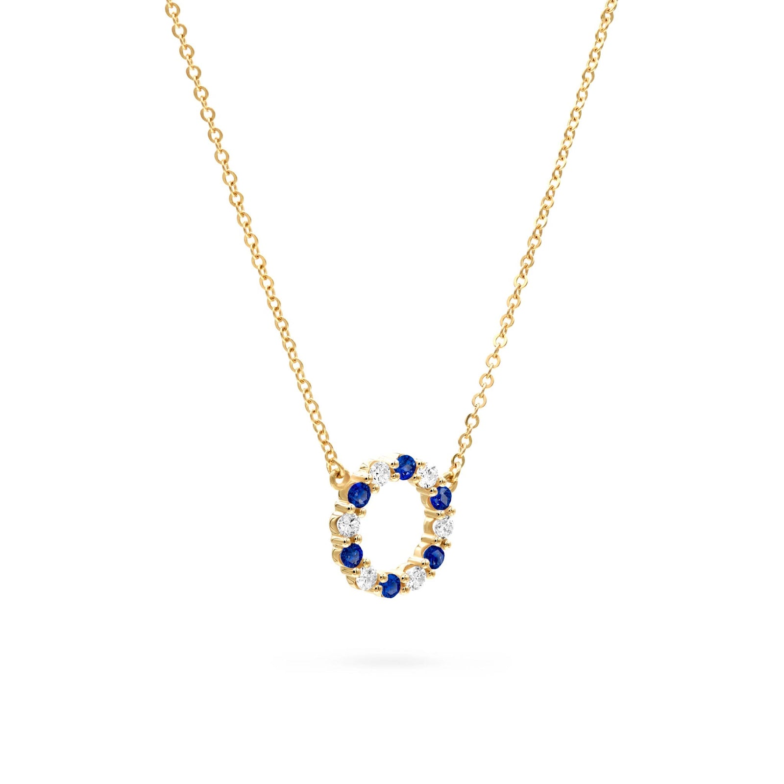 Rosecliff small open circle necklace with 12 alternating 2 mm sapphires & diamonds prong set in 14k gold - angled view