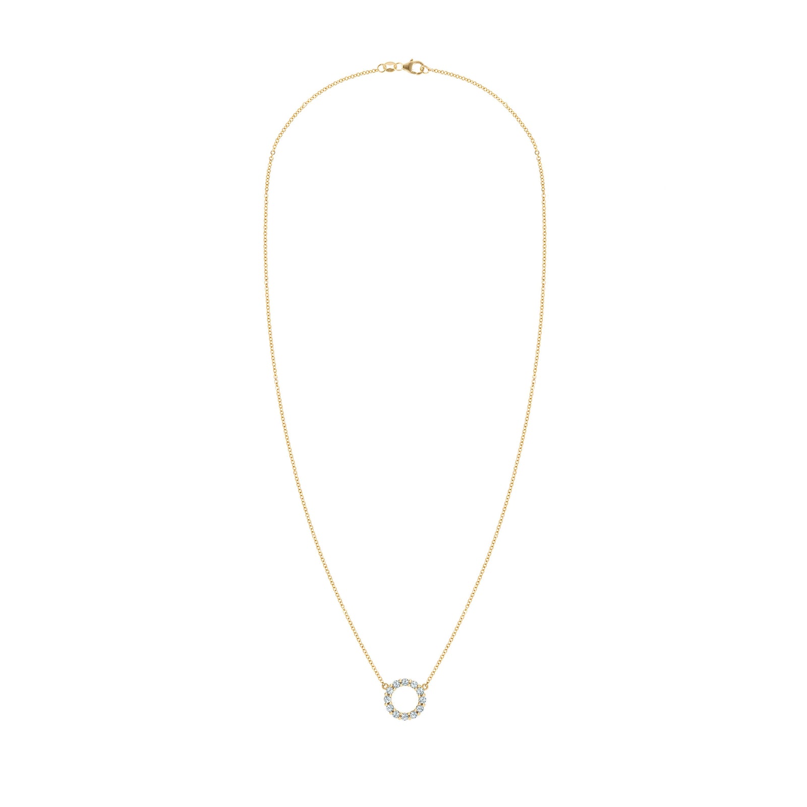 Rosecliff small circle necklace featuring twelve 2mm faceted round cut aquamarines prong set in 14k yellow gold