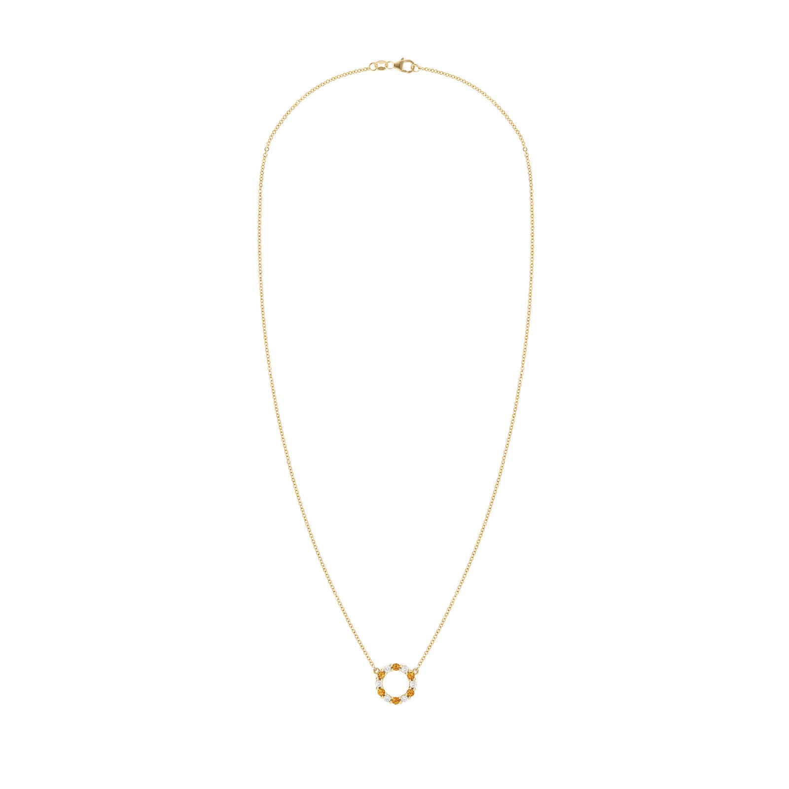 Rosecliff small open circle necklace with twelve alternating 2 mm round cut citrines & diamonds prong set in 14k yellow gold