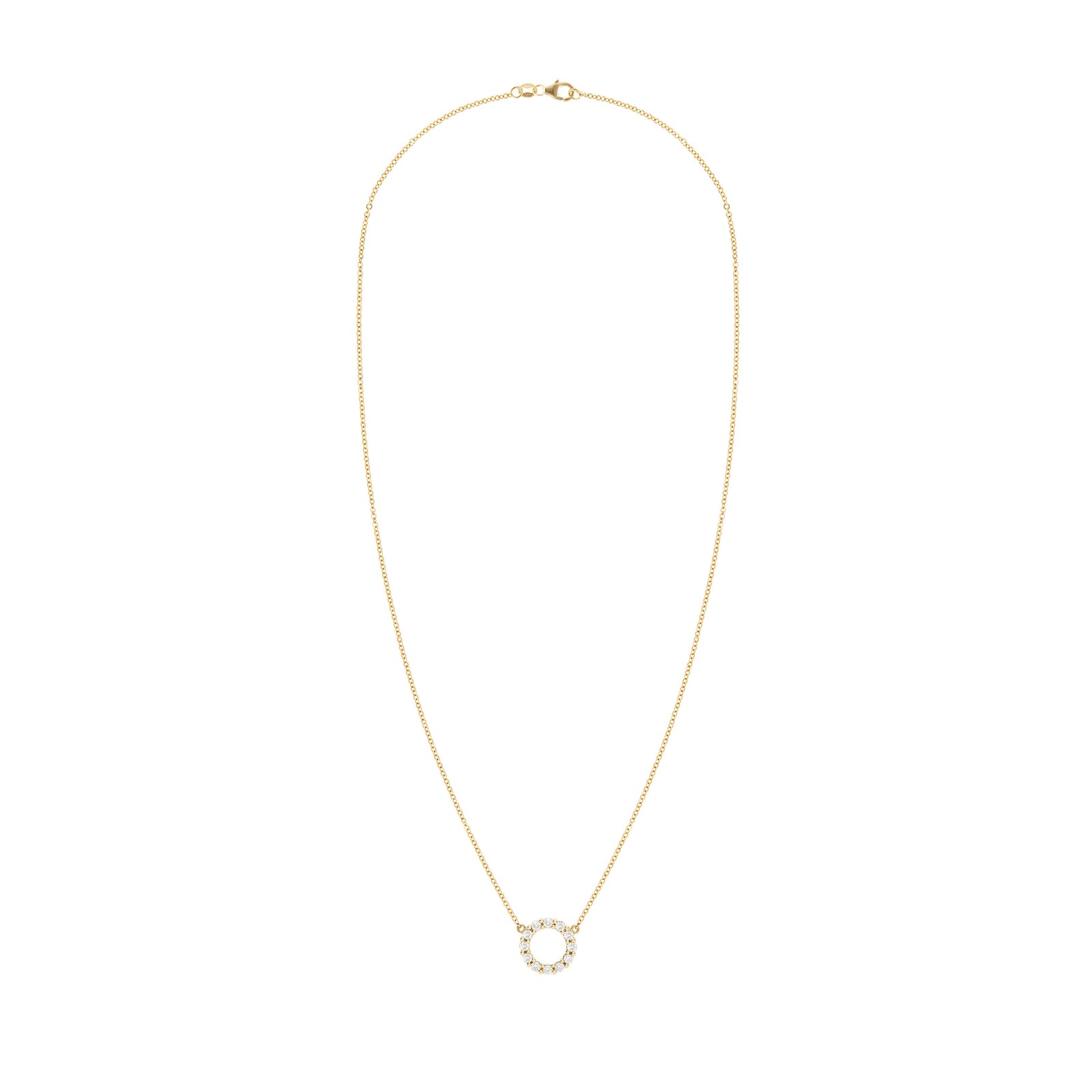 Rosecliff small circle necklace featuring twelve 2mm faceted round cut diamonds prong set in 14k yellow gold