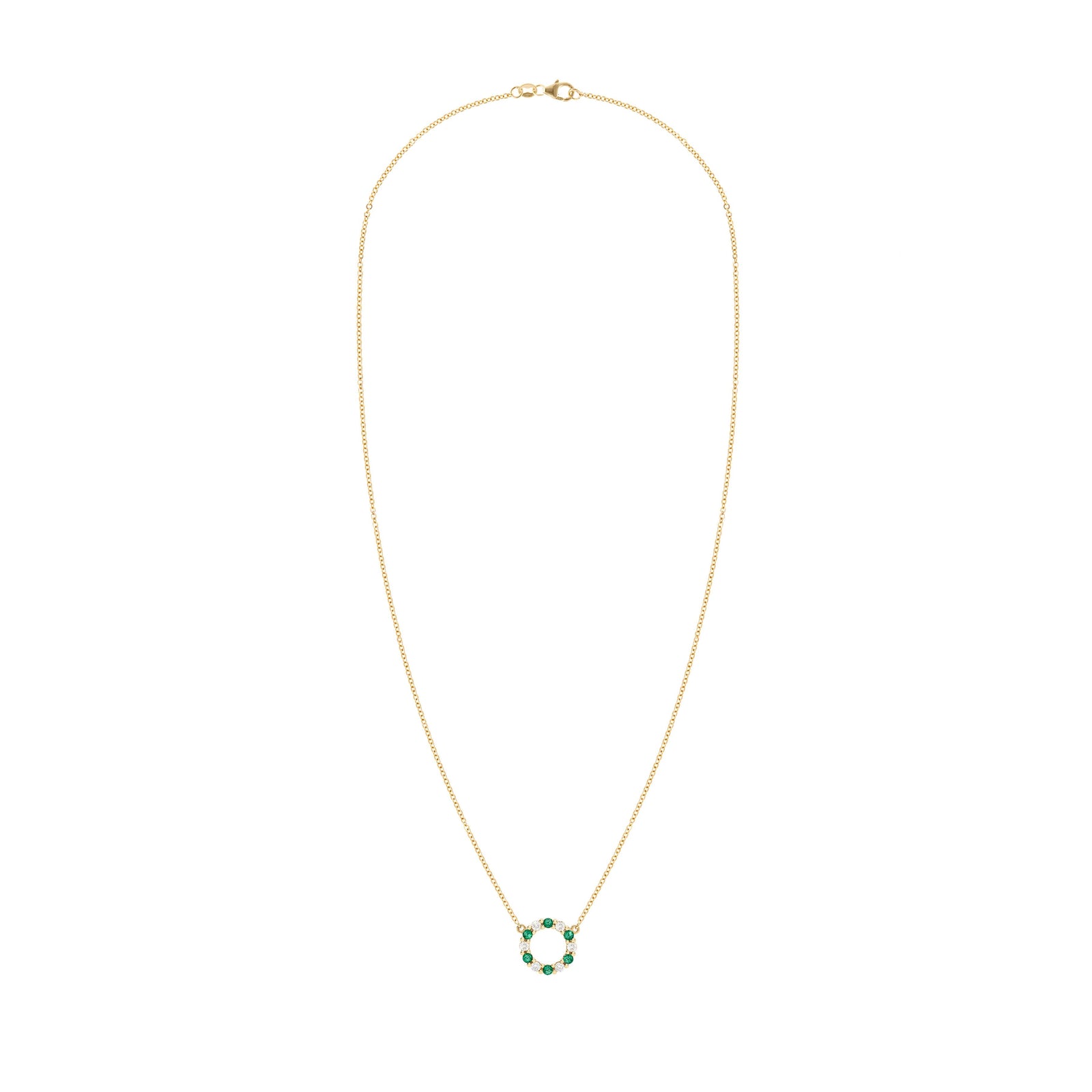 Rosecliff small open circle necklace with twelve alternating 2 mm round cut emeralds & diamonds prong set in 14k yellow gold