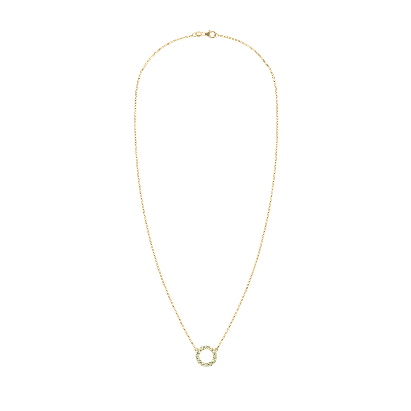 Rosecliff small open circle necklace featuring twelve 2mm faceted round cut Peridots prong set in 14k yellow gold