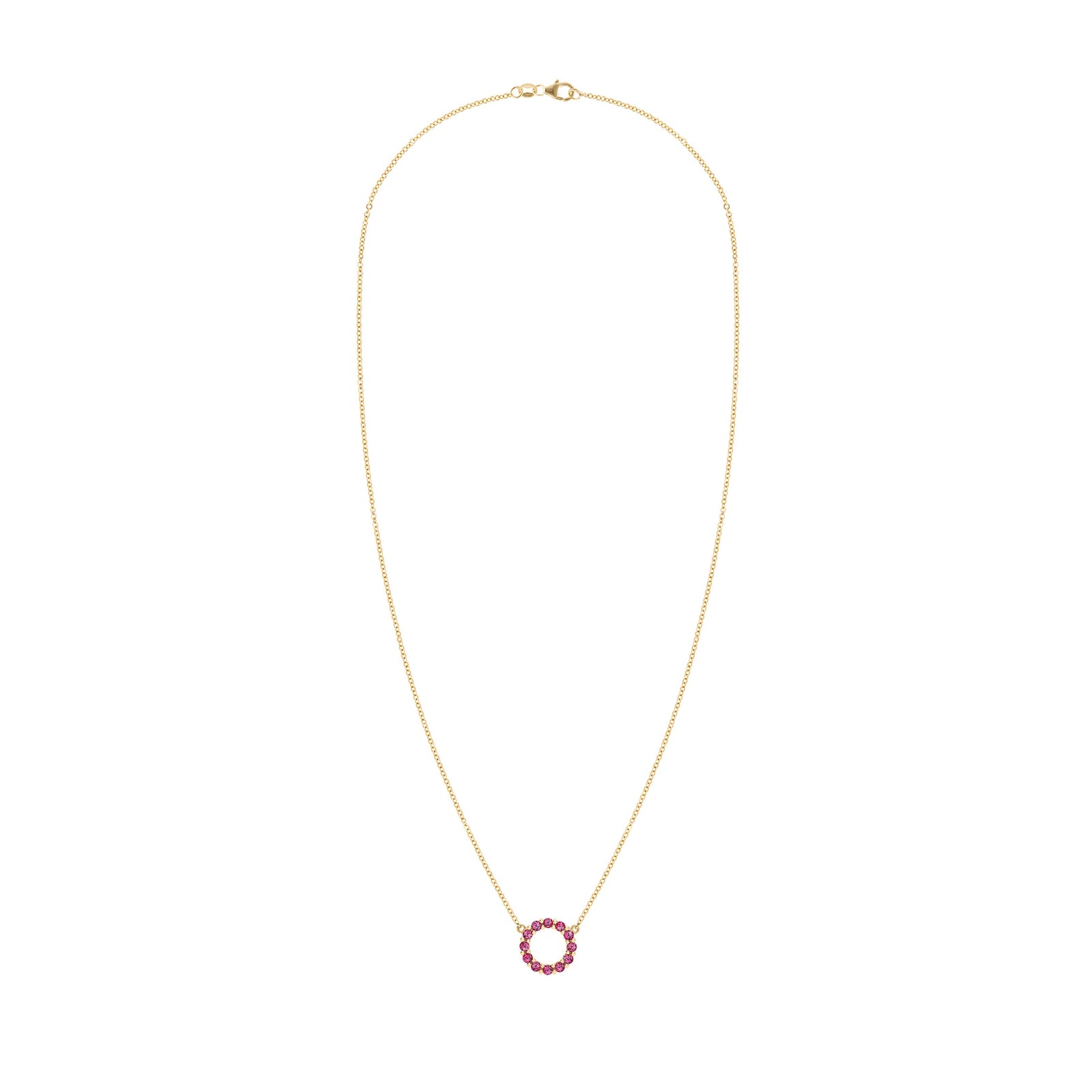 Rosecliff small open circle necklace featuring twelve 2 mm faceted round cut pink tourmalines prong set in 14k yellow gold