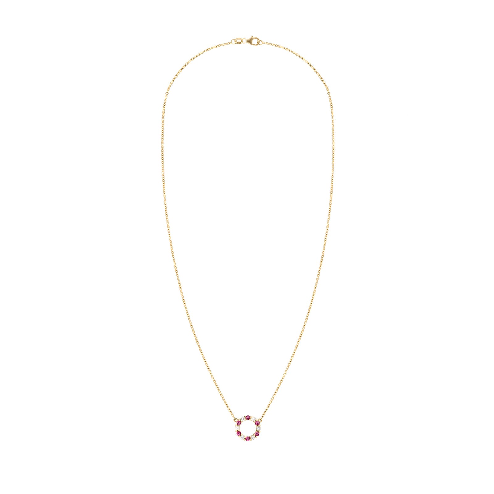 Rosecliff small open circle necklace with 12 alternating 2 mm round cut rubies & diamonds prong set in 14k yellow gold