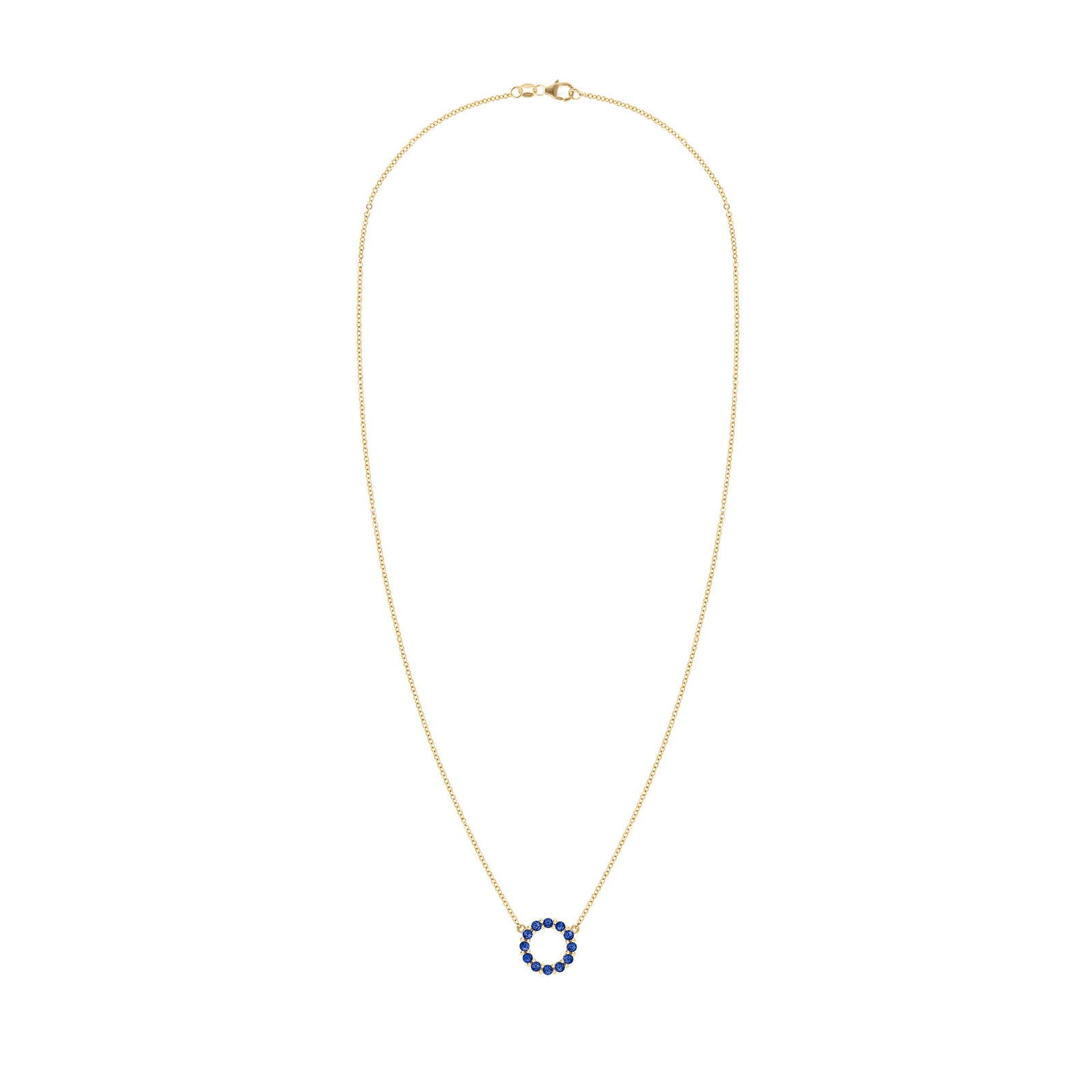 Rosecliff small open circle necklace featuring twelve 2 mm faceted round cut sapphires prong set in 14k yellow gold