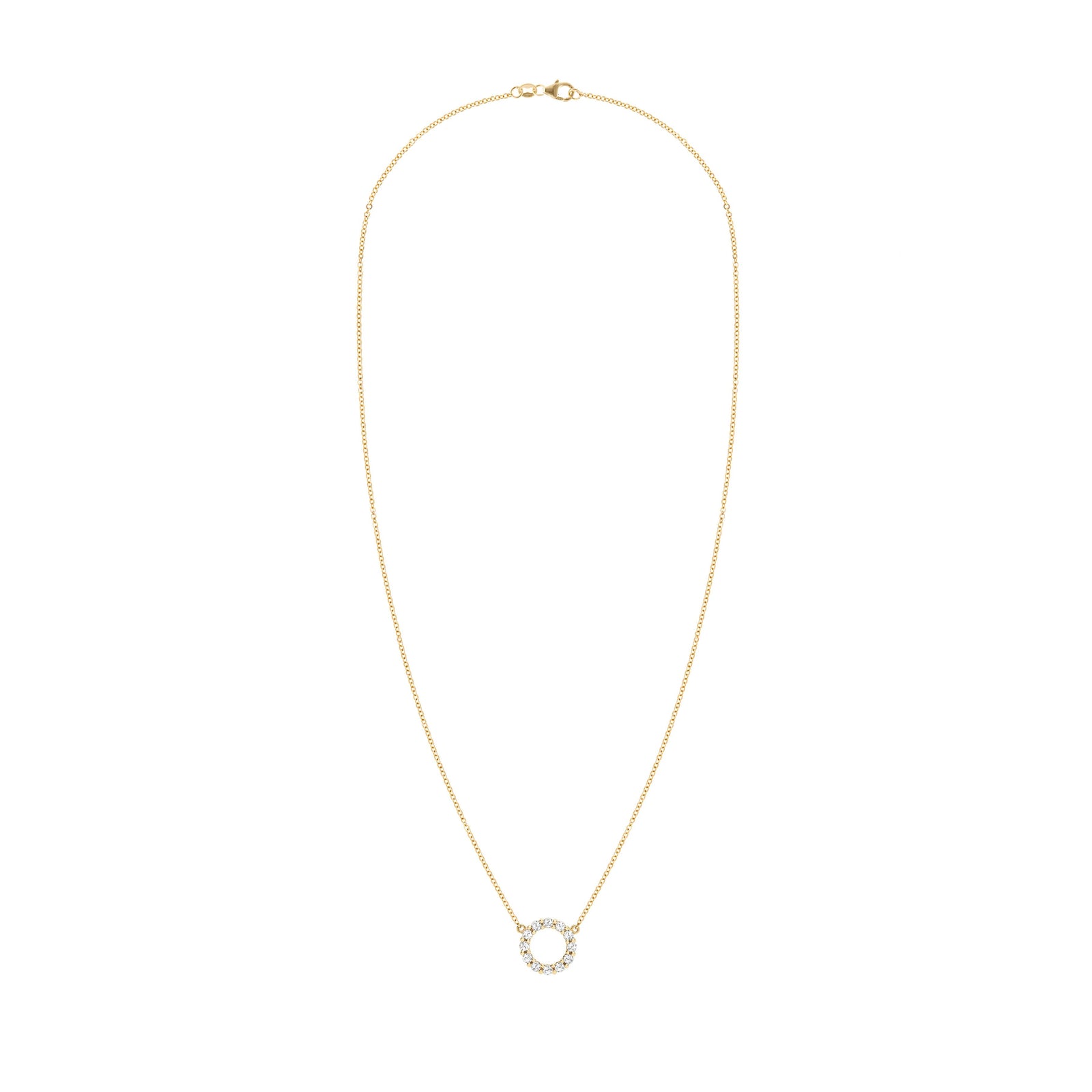 Rosecliff small open circle necklace featuring twelve 2 mm faceted round cut white topaz prong set in 14k yellow gold