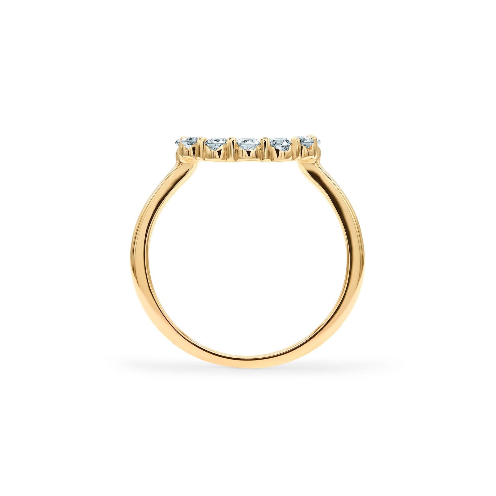 Rosecliff small open circle ring featuring twelve 2 mm faceted round cut aquamarines prong set in 14k gold - standing view