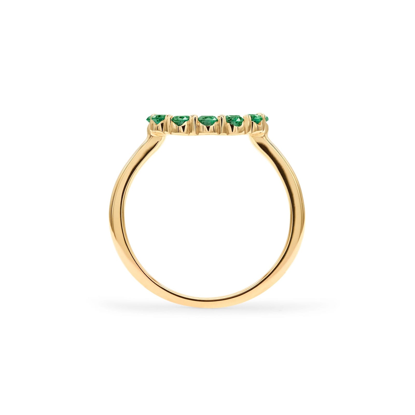 Rosecliff small open circle ring featuring twelve 2 mm faceted round cut emeralds prong set in 14k gold - standing view