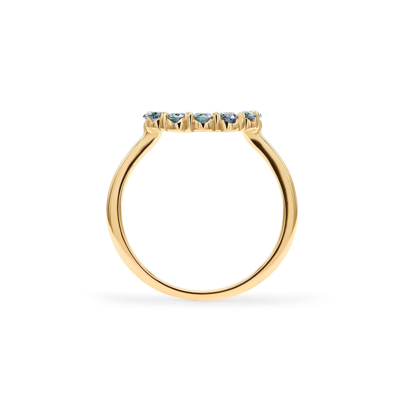 Rosecliff small open circle ring featuring twelve 2 mm faceted round cut alexandrites prong set in 14k gold - standing view