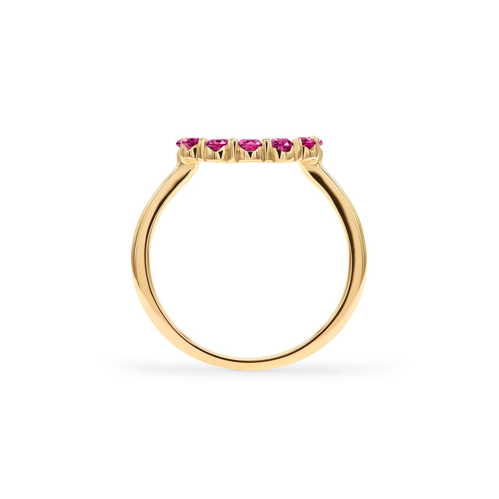 Rosecliff small open circle ring featuring twelve 2 mm faceted round cut rubies prong set in 14k yellow gold - standing view