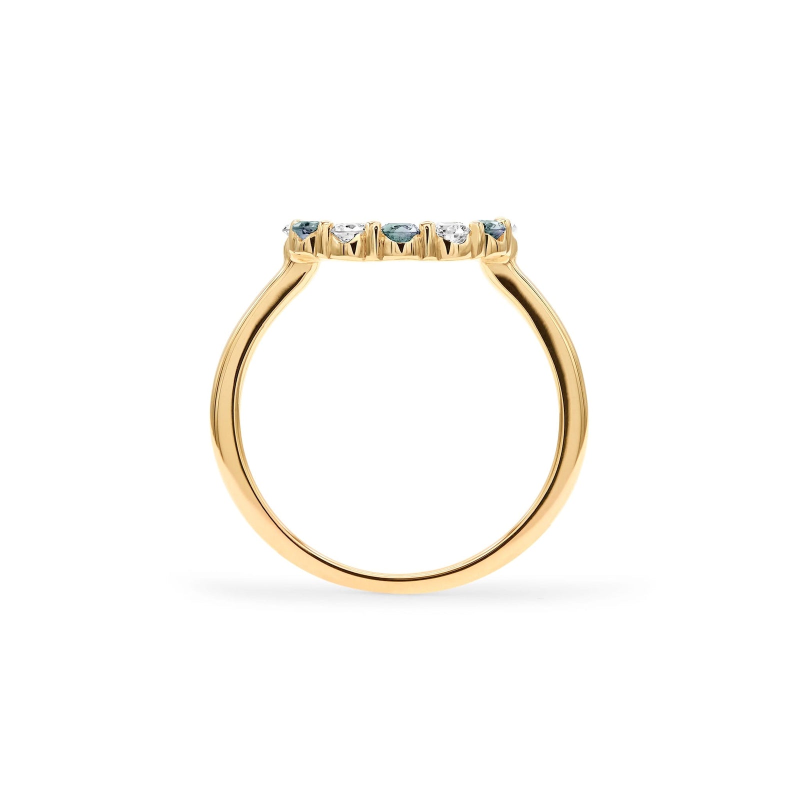 Rosecliff small open circle ring featuring alternating 2 mm alexandrites & diamonds prong set in 14k gold - standing view
