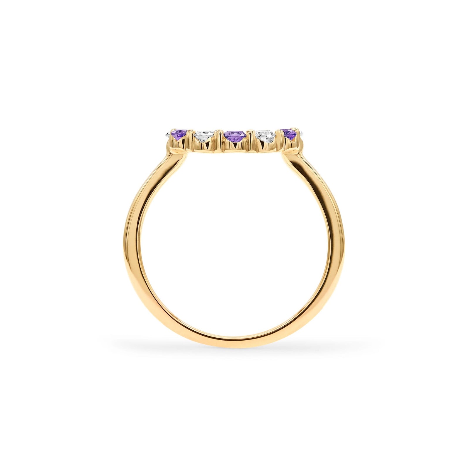 Rosecliff small open circle ring featuring alternating 2 mm amethysts and diamonds prong set in 14k gold - standing view