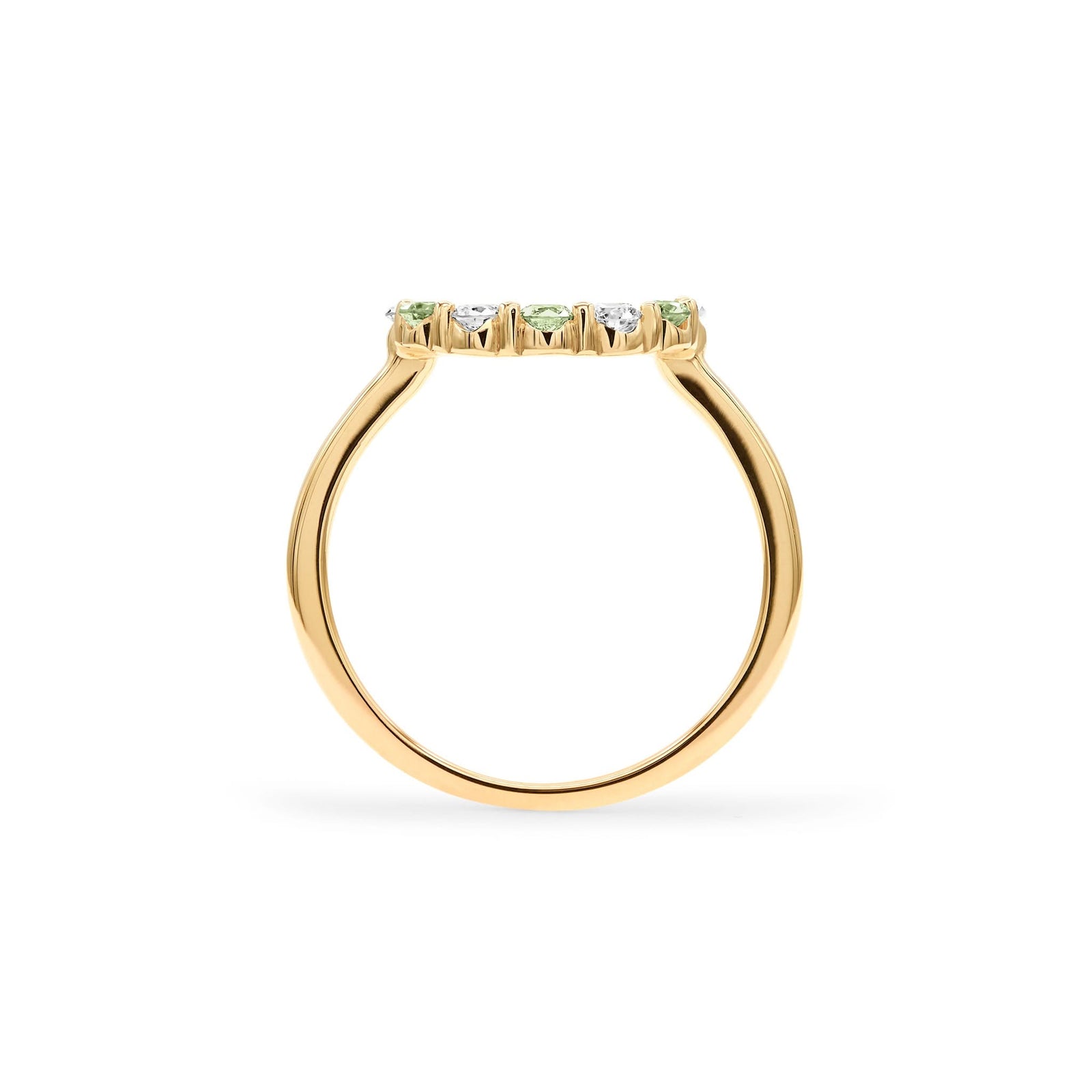 Rosecliff small open circle ring featuring alternating peridots & diamonds prong set in 14k yellow gold - standing view