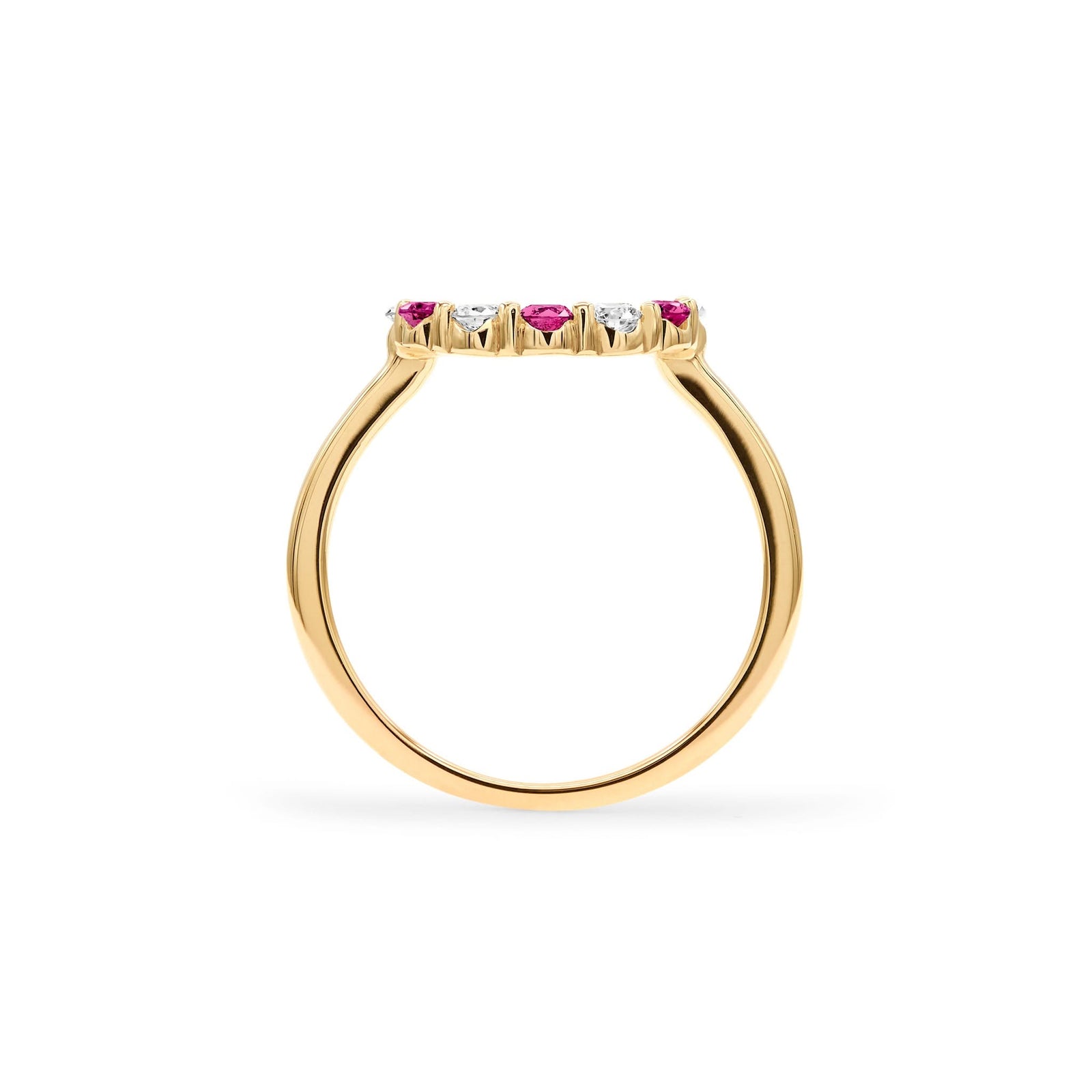 Rosecliff small open circle ring featuring alternating 2 mm rubies and diamonds prong set in 14k gold - standing view