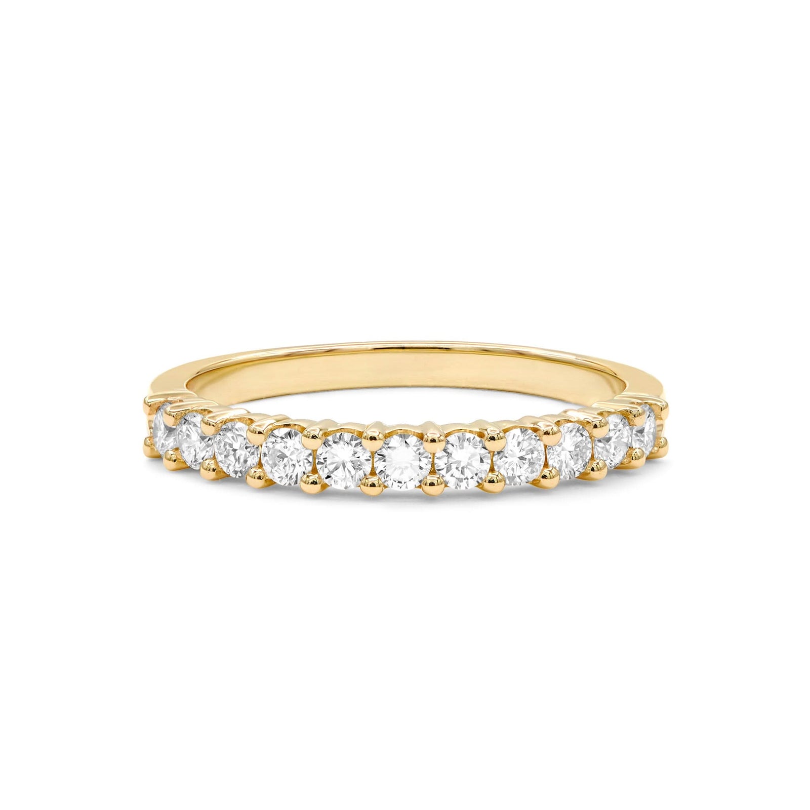 Rosecliff stackable ring featuring eleven 2 mm faceted round cut diamonds prong set in 14k yellow gold