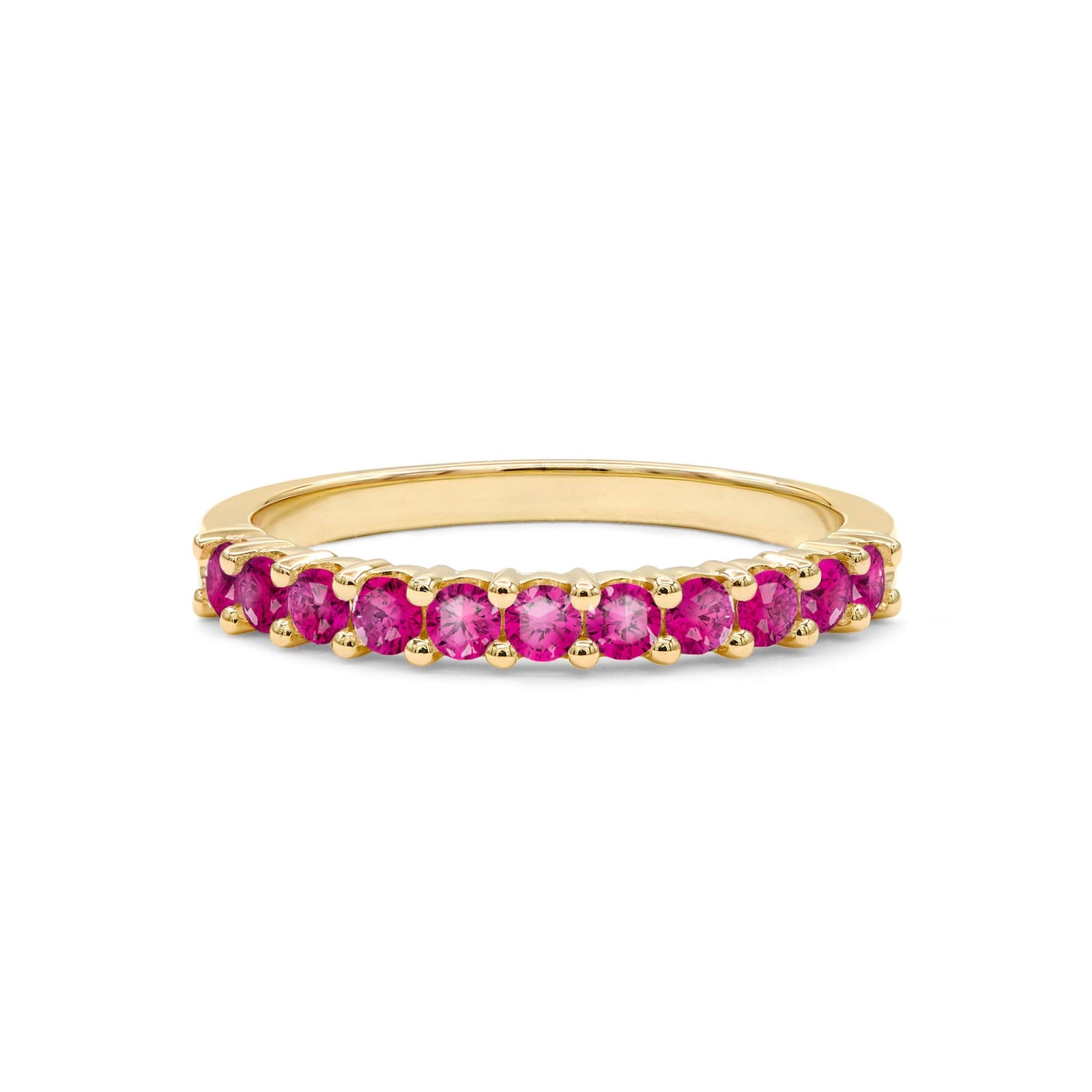 Rosecliff stackable ring featuring eleven 2 mm faceted round cut rubies prong set in 14k yellow gold