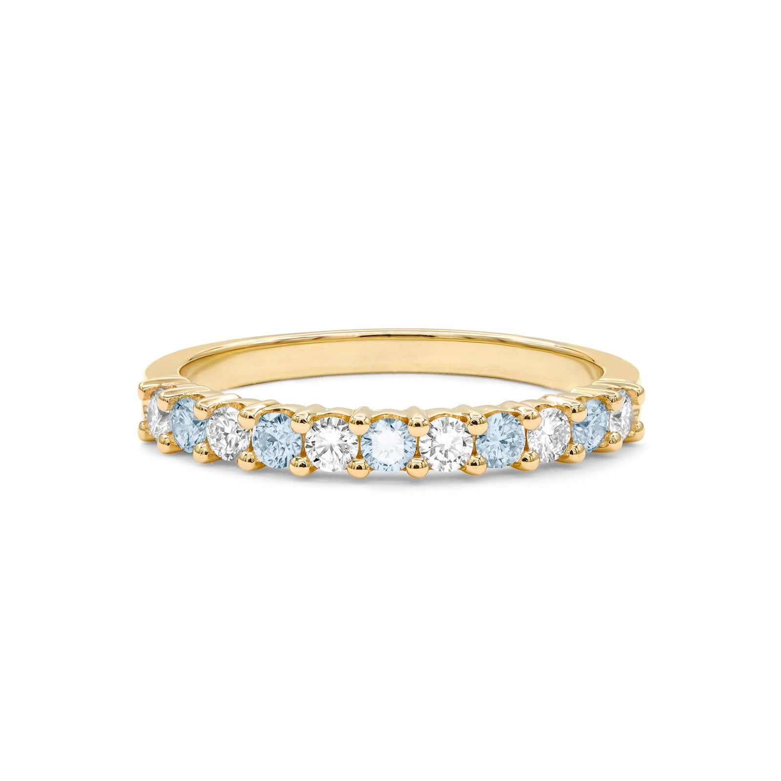 Rosecliff stackable ring featuring eleven alternating 2mm round cut Nantucket blue topaz and diamonds prong set in 14k gold
