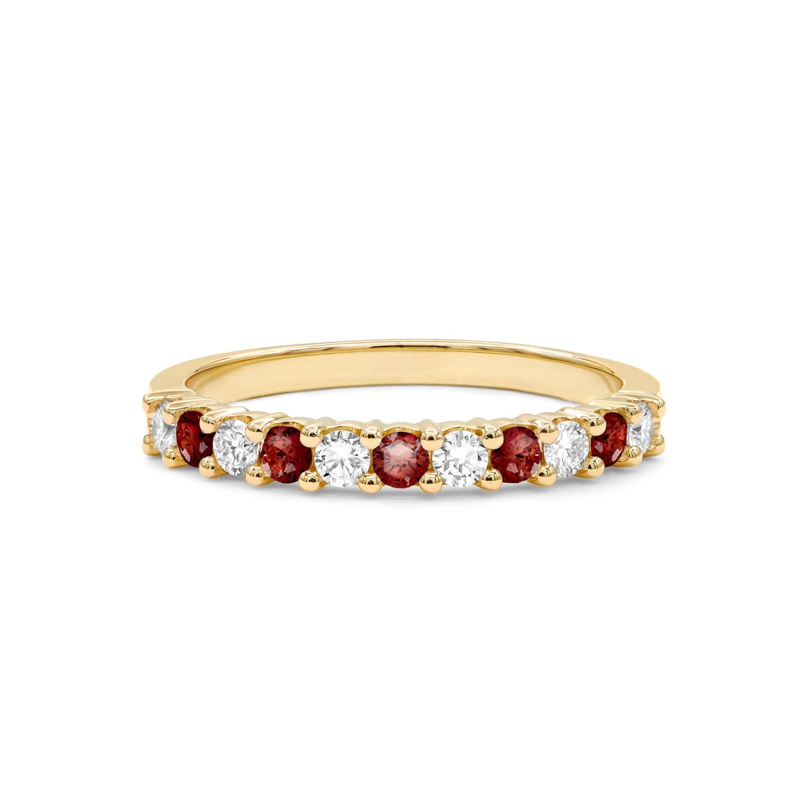 Rosecliff stackable ring featuring eleven alternating 2mm faceted round cut garnets and diamonds prong set in 14k gold