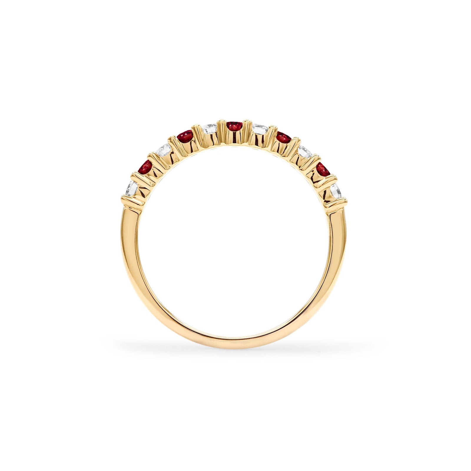 Rosecliff stackable ring featuring eleven alternating 2mm garnets and diamonds prong set in 14k yellow gold - standing view