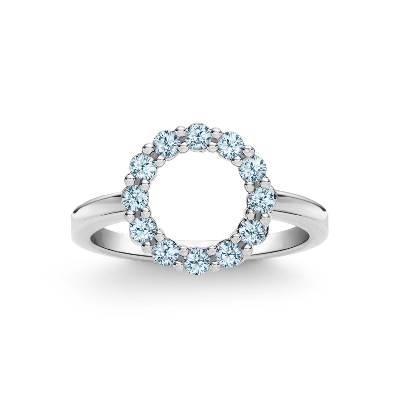 Rosecliff small open circle ring featuring twelve 2 mm faceted round cut Nantucket blue topaz prong set in 14k white gold