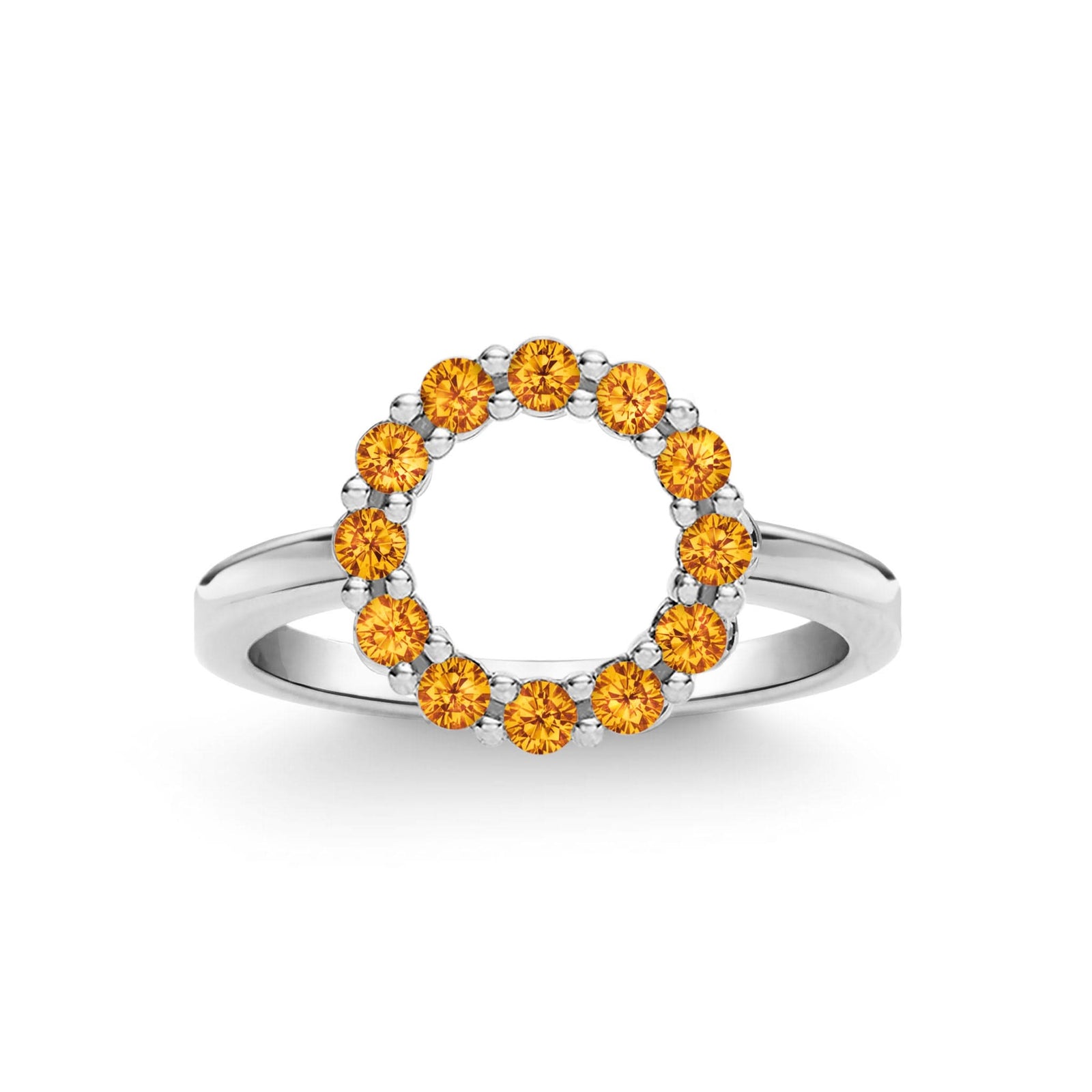 Rosecliff small open circle ring featuring twelve 2 mm faceted round cut citrines prong set in 14k white gold