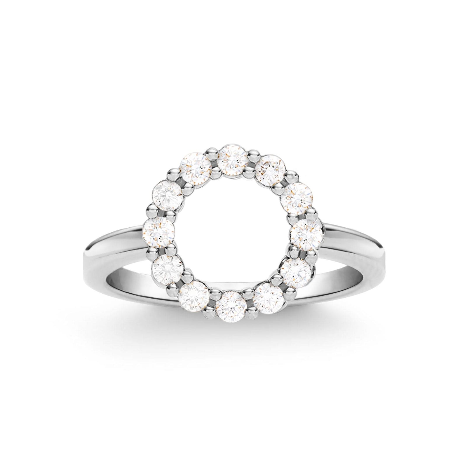 Rosecliff small open circle ring featuring twelve 2 mm faceted round cut diamonds prong set in 14k white gold