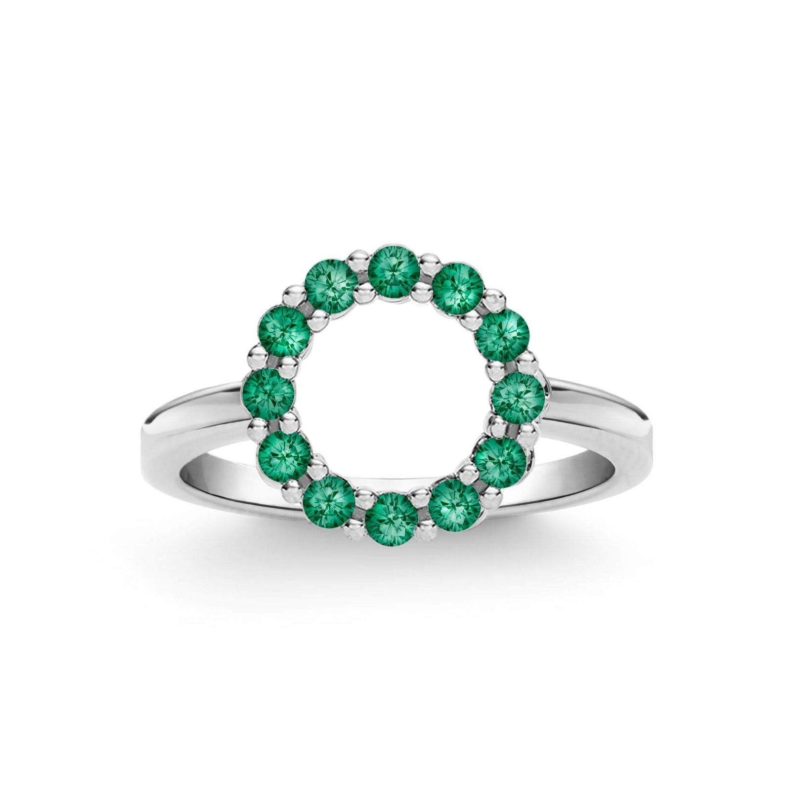 Rosecliff small open circle ring featuring twelve 2 mm faceted round cut emeralds prong set in 14k white gold