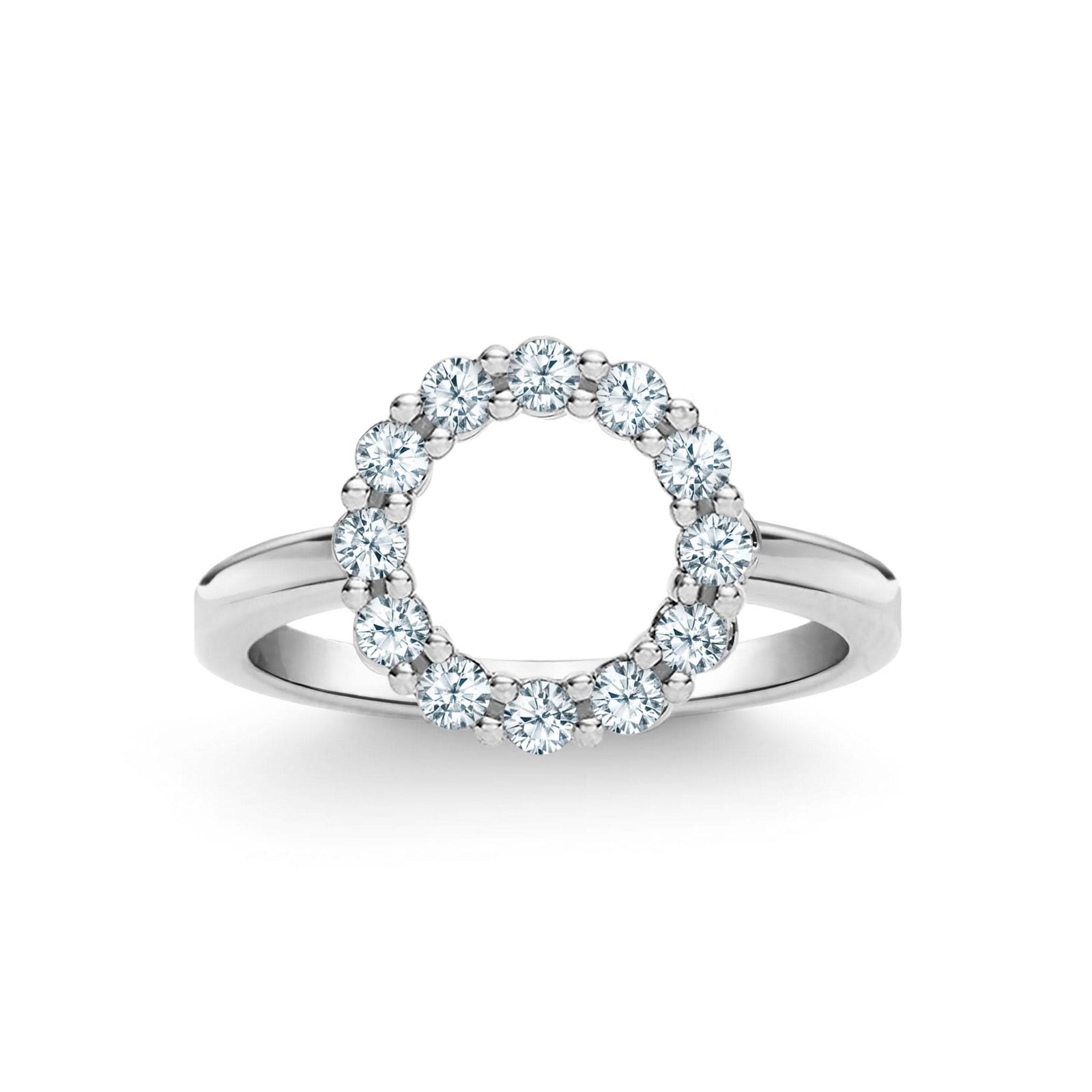 Rosecliff small open circle ring featuring twelve 2 mm faceted round cut aquamarines prong set in 14k white gold
