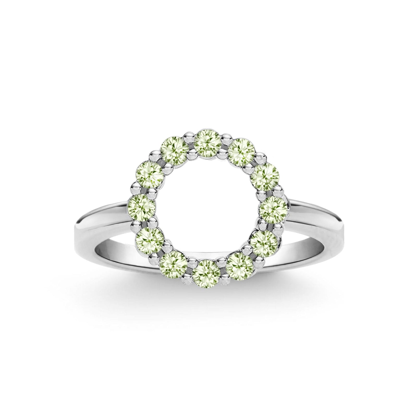 Rosecliff small open circle ring featuring twelve 2 mm faceted round cut peridots prong set in 14k white gold