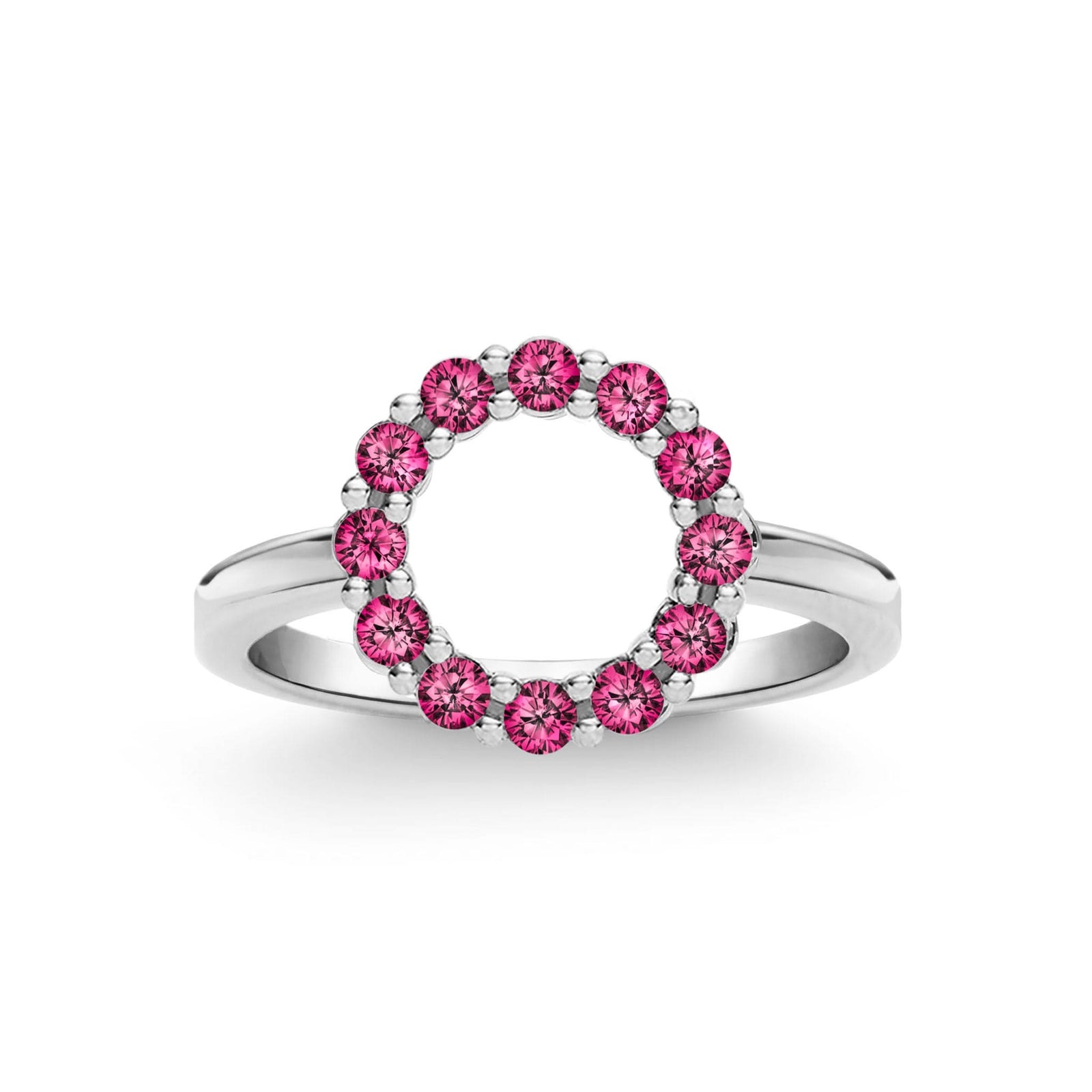 Rosecliff small open circle ring featuring twelve 2 mm faceted round cut rubies prong set in 14k white gold