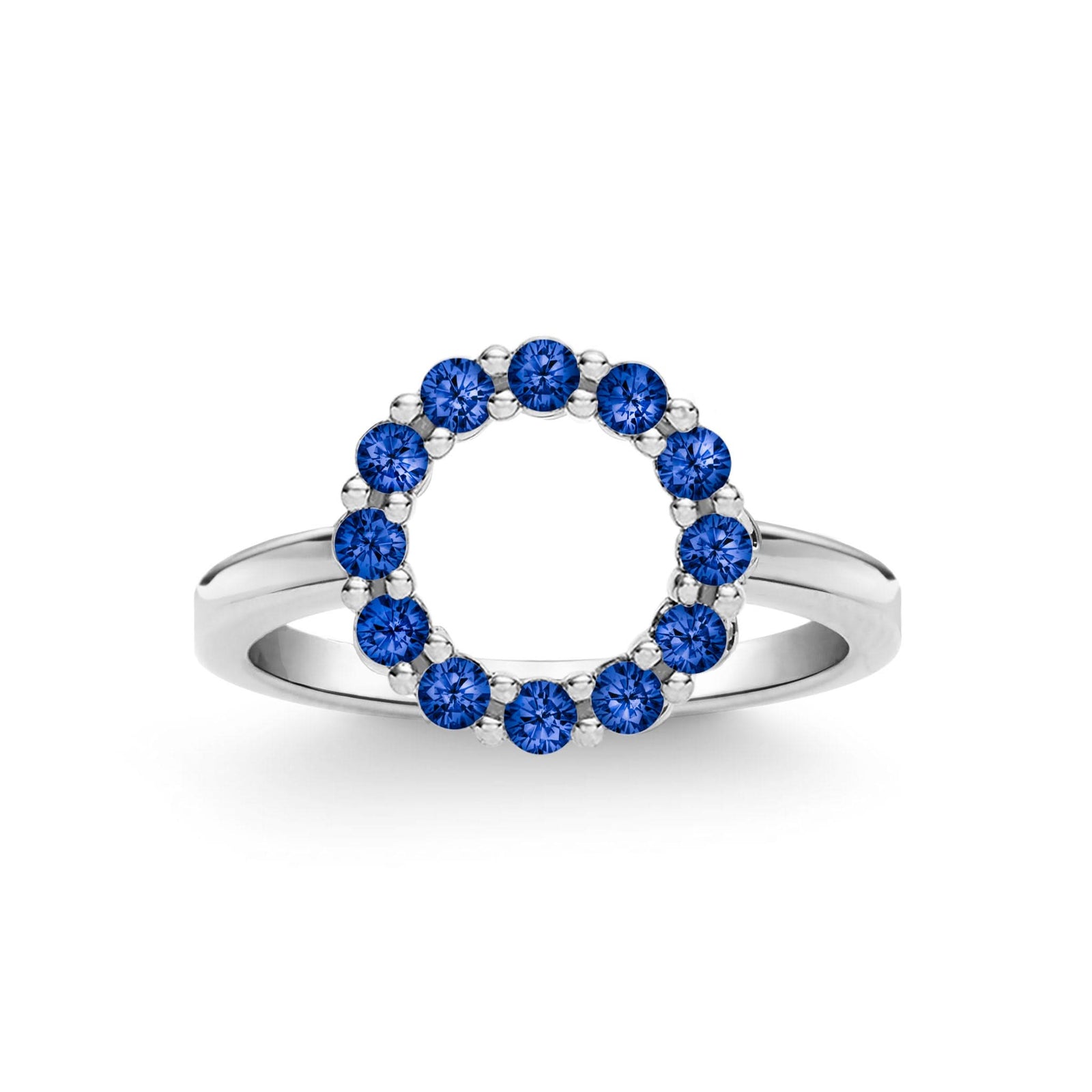 Rosecliff small open circle ring featuring twelve 2 mm faceted round cut sapphires prong set in 14k white gold