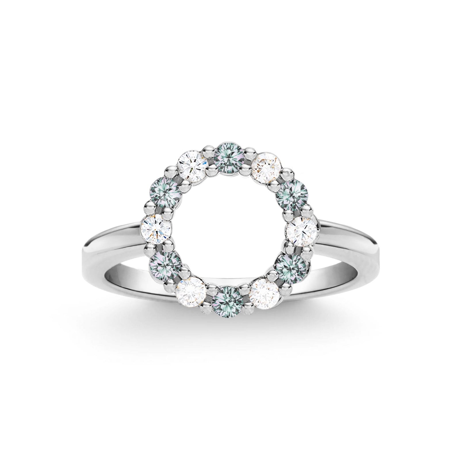 Rosecliff small open circle ring featuring twelve alternating 2 mm alexandrites and diamonds prong set in 14k white gold
