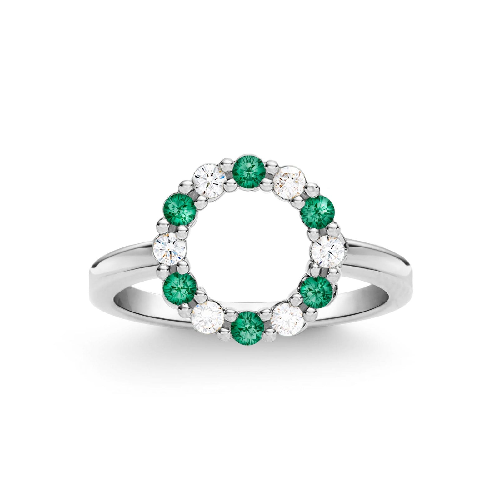 Rosecliff small open circle ring featuring twelve alternating 2 mm emeralds and diamonds prong set in 14k white gold