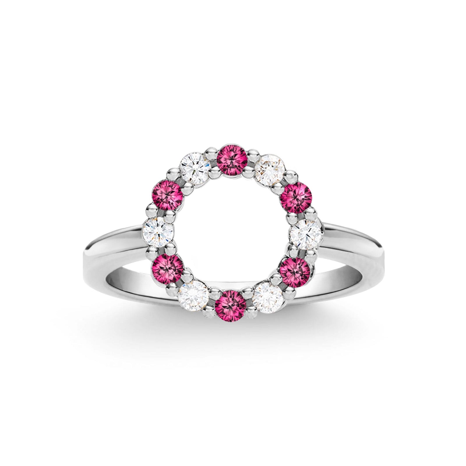 Rosecliff small open circle ring featuring twelve alternating 2 mm round cut rubies and diamonds prong set in 14k white gold