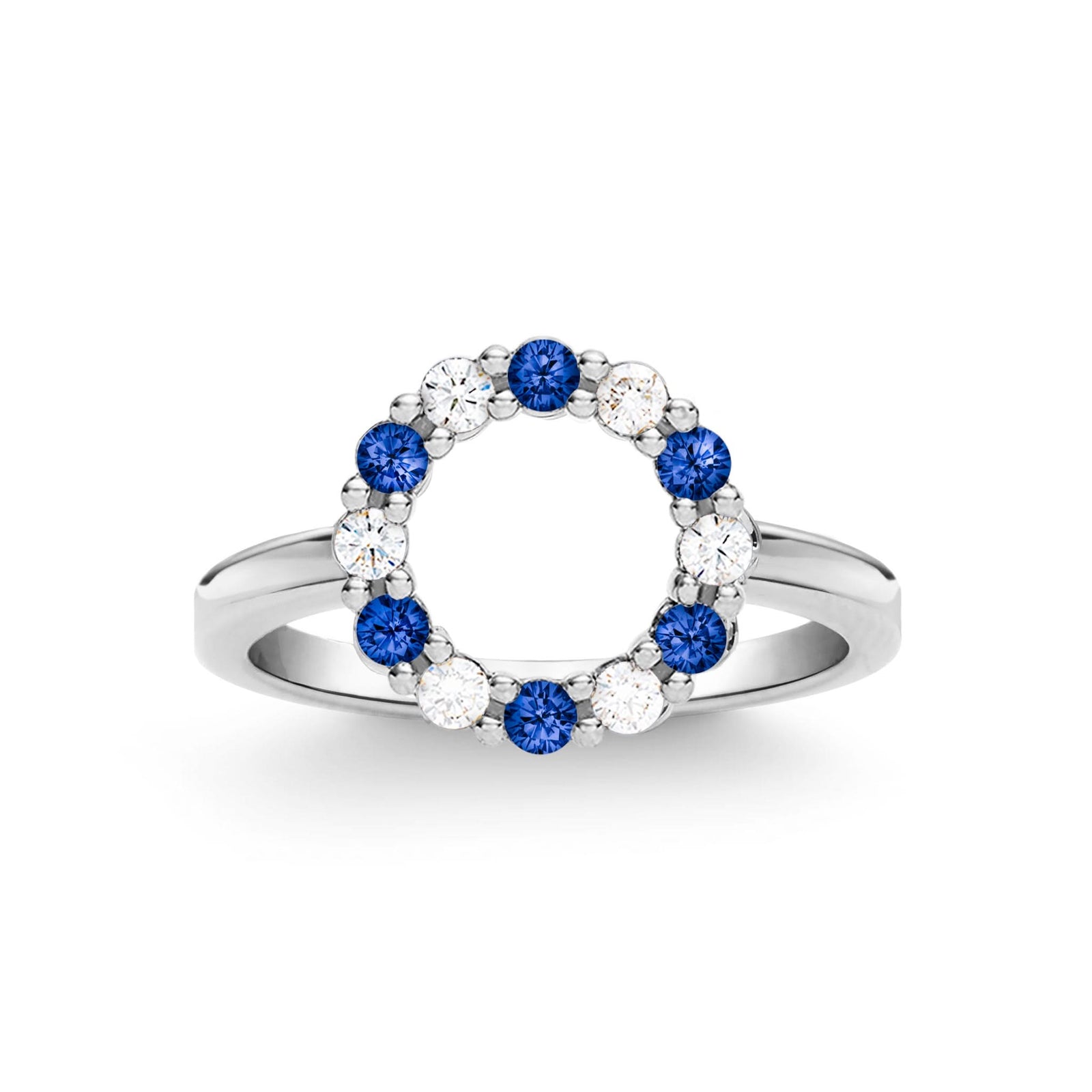 Rosecliff small open circle ring featuring twelve alternating 2 mm sapphires and diamonds prong set in 14k white gold