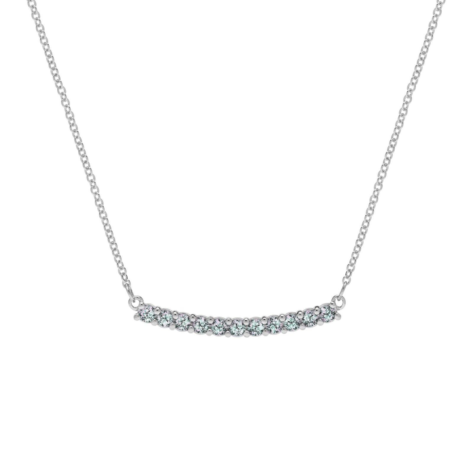 Rosecliff bar necklace with eleven 2 mm faceted round cut alexandrites prong set in solid 14k white gold